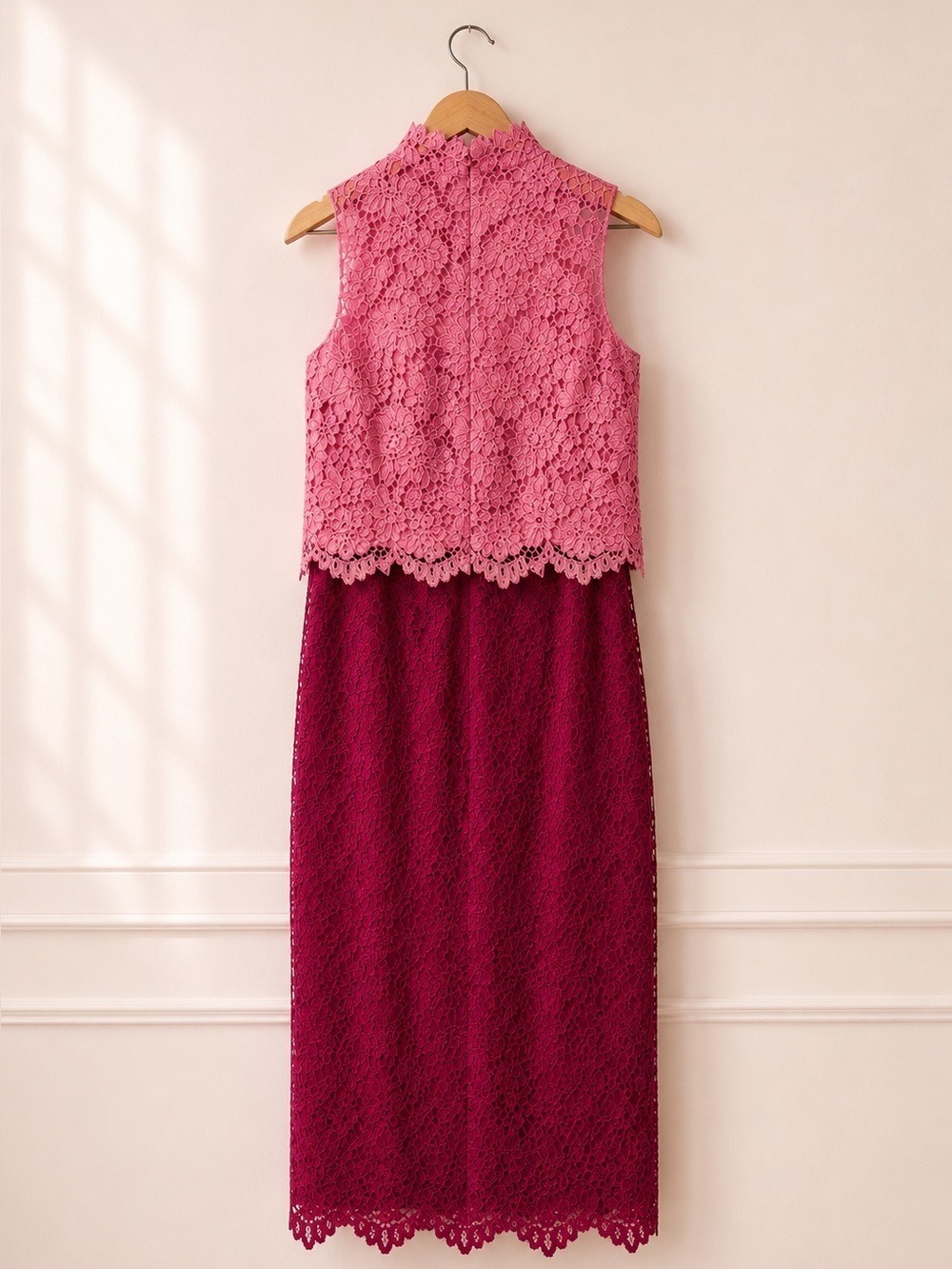 Monique Lhuillier Pink Red Colorblock High Neck Lace Midi Dress Size 0 - Picture 2 of 5